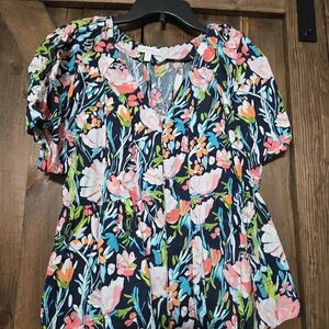 croft & barrow Navy Floral V-Neck Puff-Sleeve Tunic